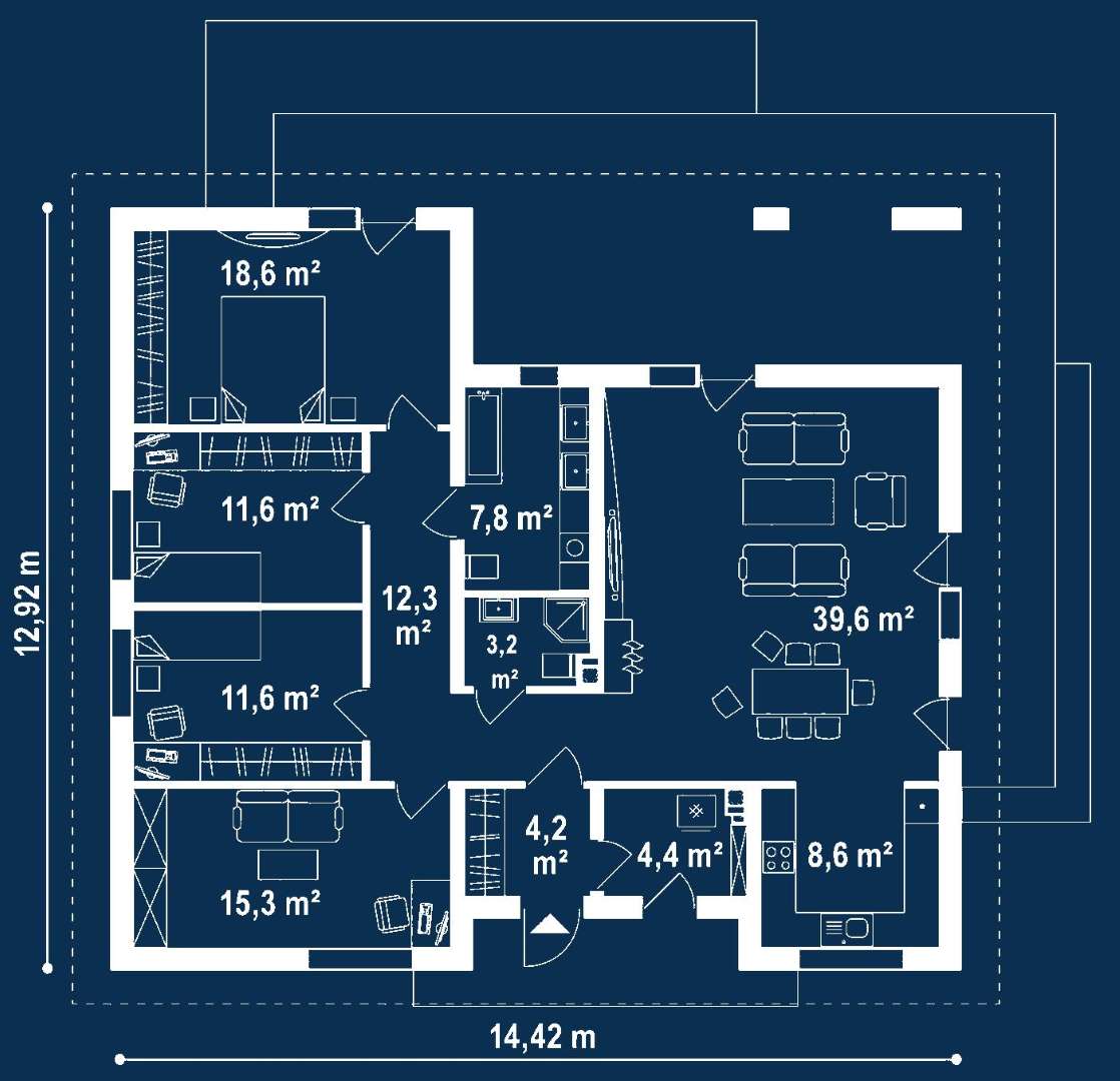 Plan parter Casă parter 131 mp utili, 4 dormitoare, 2 băi