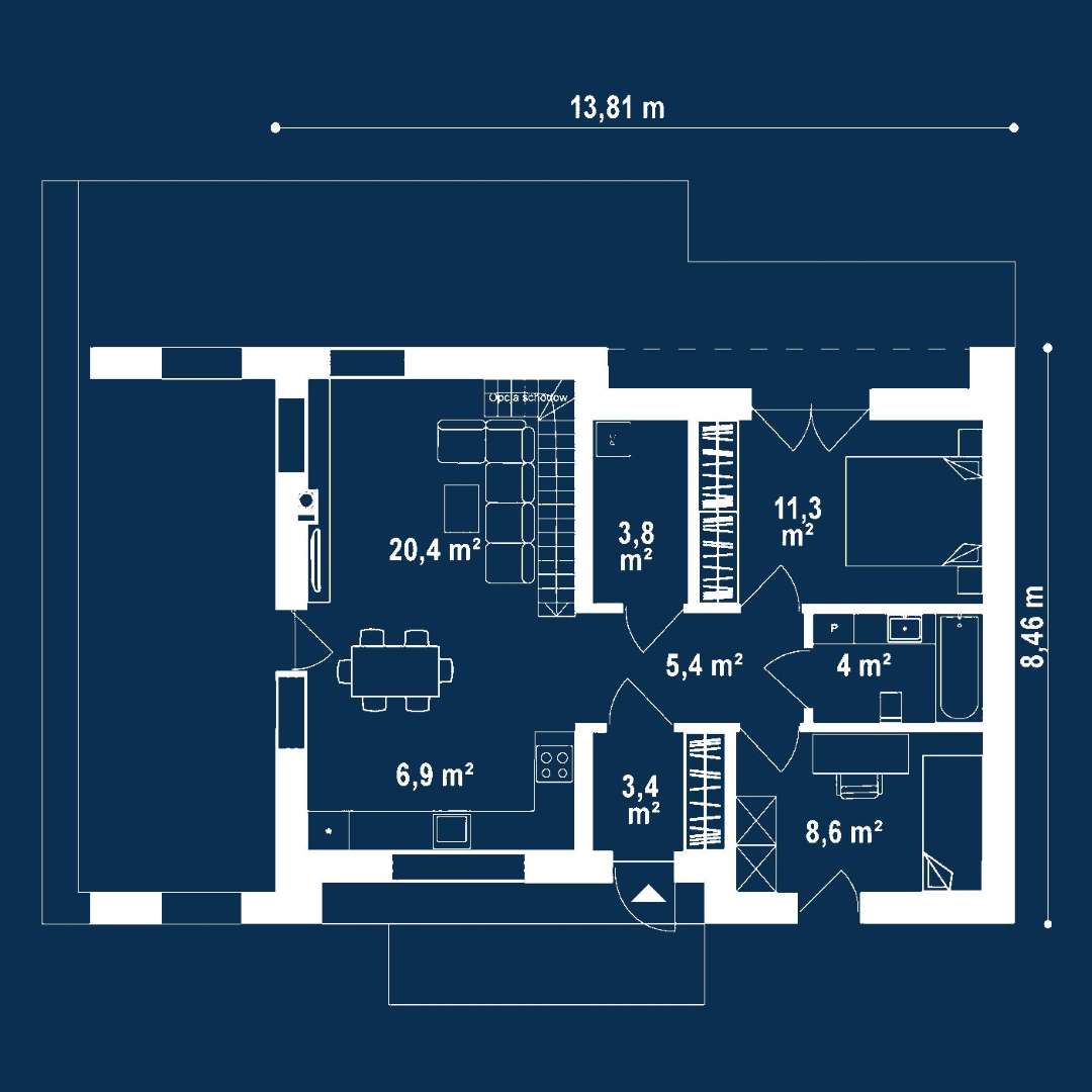 Plan parter Casă parter 60 mp utili, 2 dormitoare, o baie