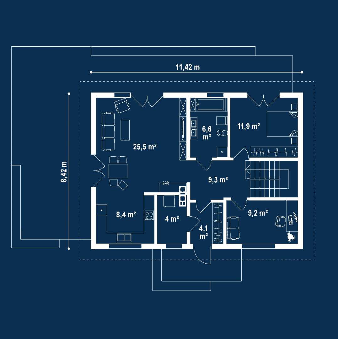 Plan parter Casă parter 103 mp utili, 2 dormitoare, o baie