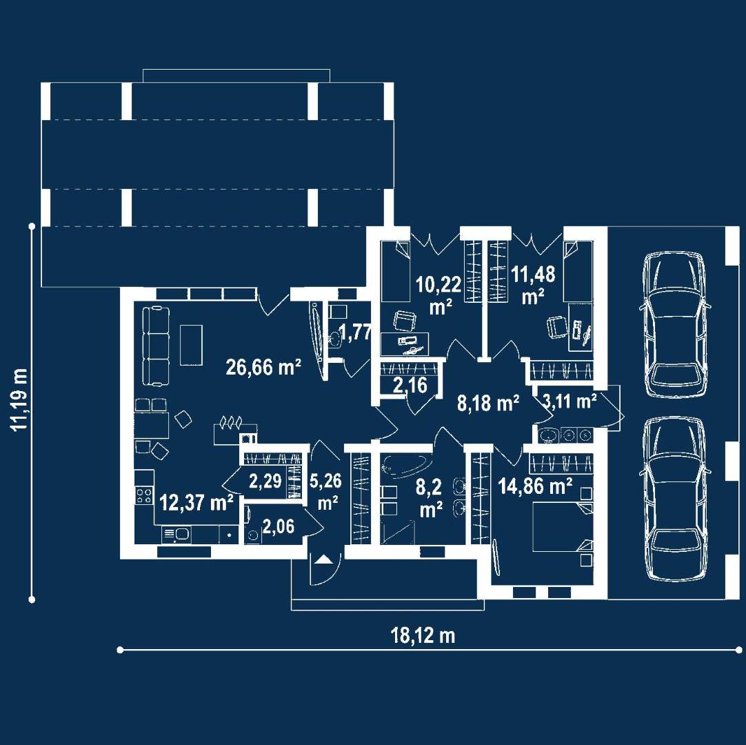 Plan parter Casă parter 106 mp utili, 3 dormitoare, o baie