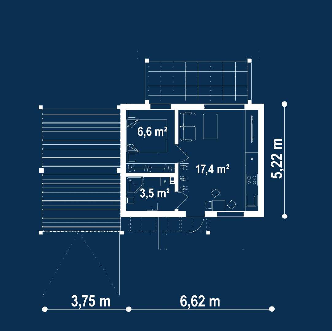 Plan parter Casă parter 27 mp utili, un dormitor, o baie