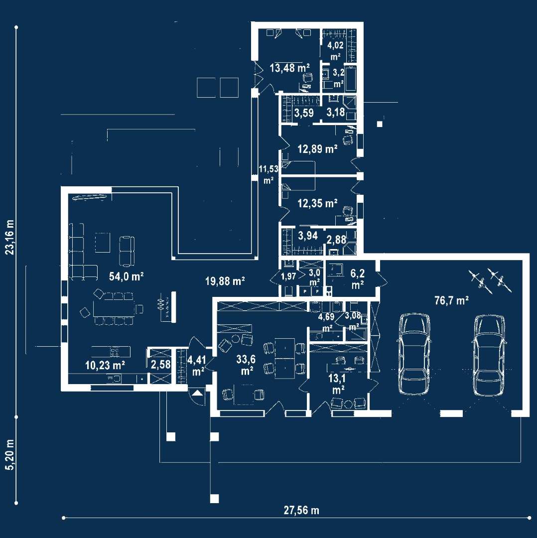 Plan parter Casă parter 221 mp utili, 3 dormitoare, 4 băi