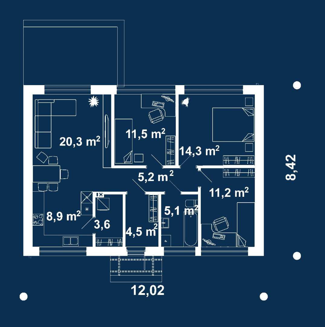Plan parter Casă parter 84 mp utili, 3 dormitoare, o baie