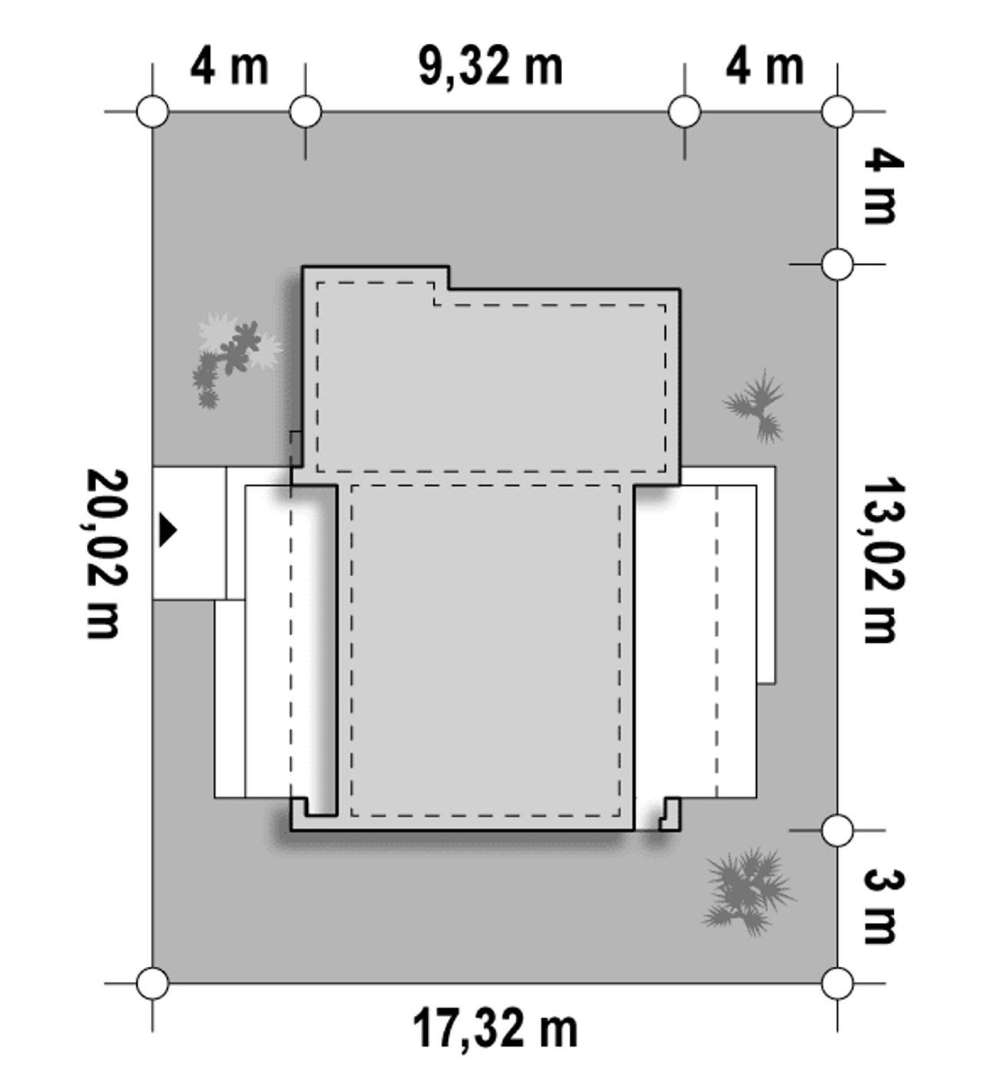 Plan amplasament Casă parter 77 mp utili, 3 dormitoare, o baie
