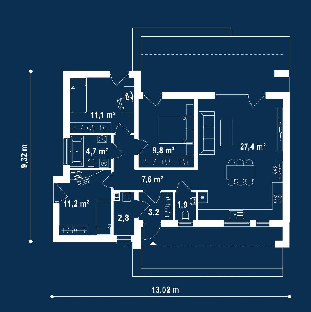 Plan parter Casă parter 77 mp utili, 3 dormitoare, o baie