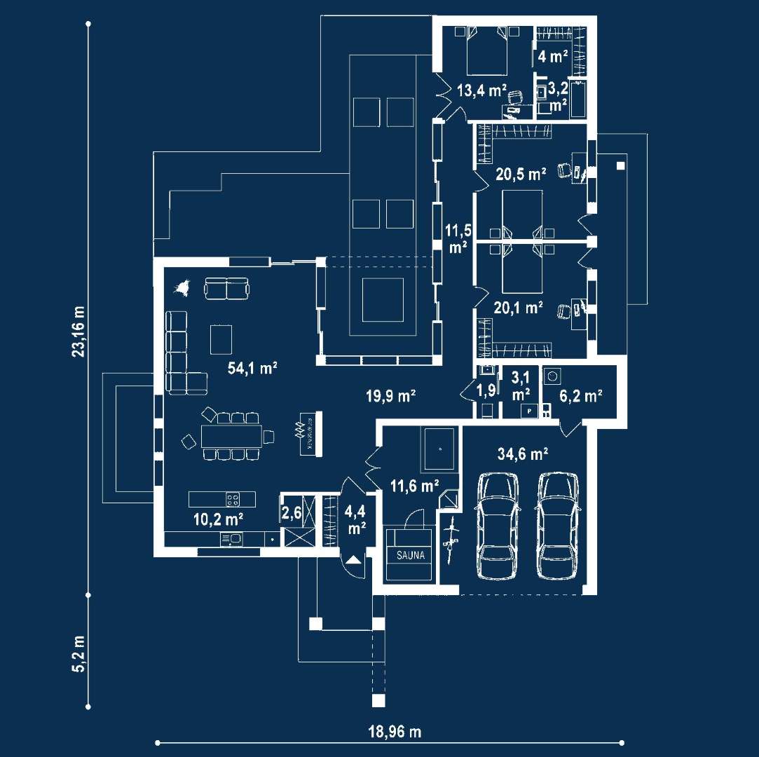 Plan parter Casă parter 184 mp utili, 3 dormitoare, 2 băi