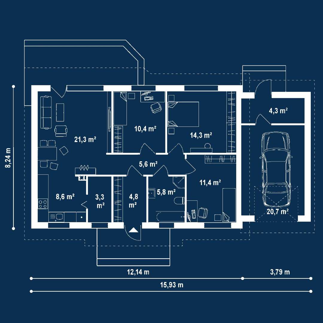 Plan parter Casă parter 82 mp utili, 3 dormitoare, o baie
