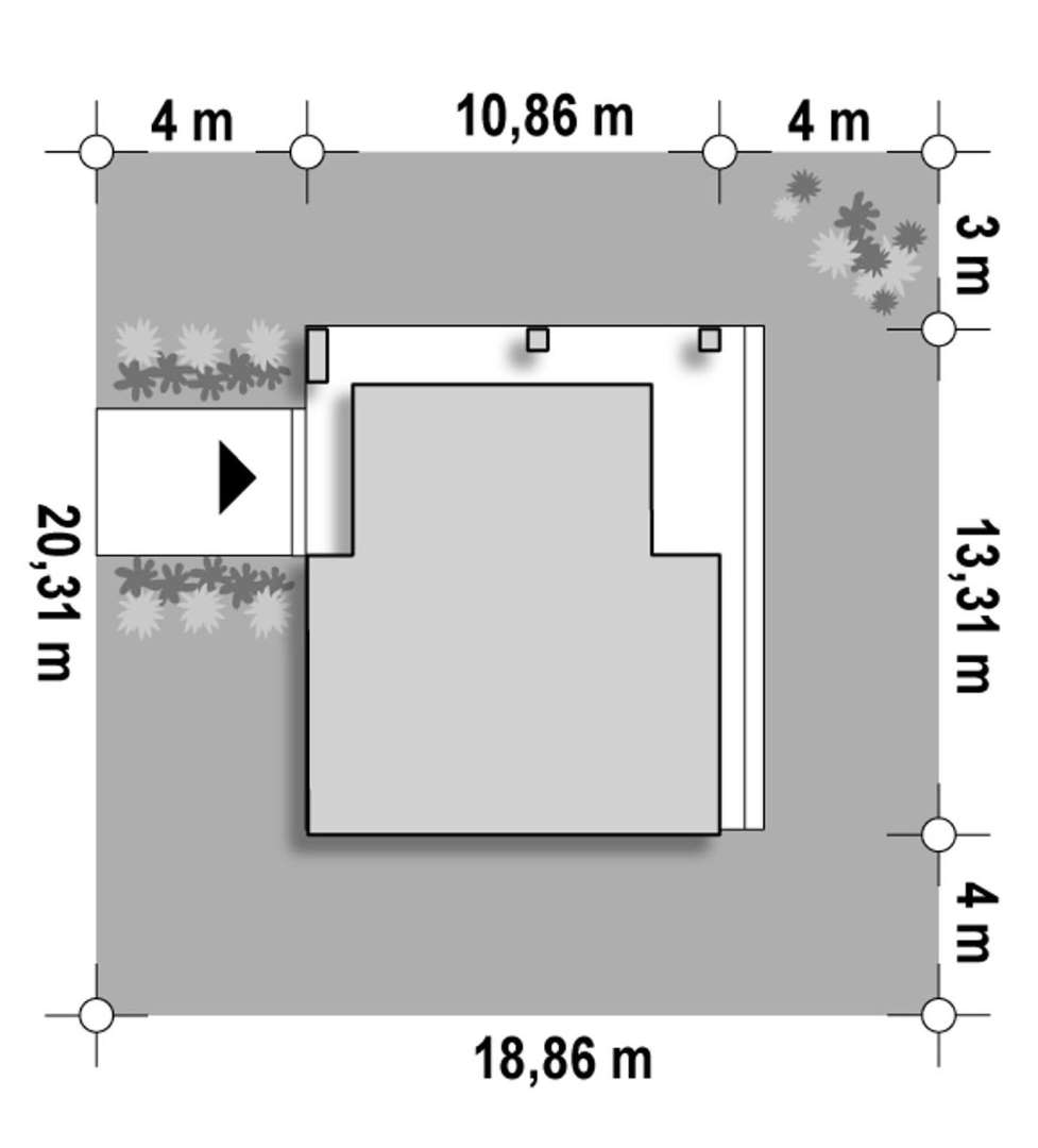 Plan amplasament Casă parter 64 mp utili, 2 dormitoare, o baie