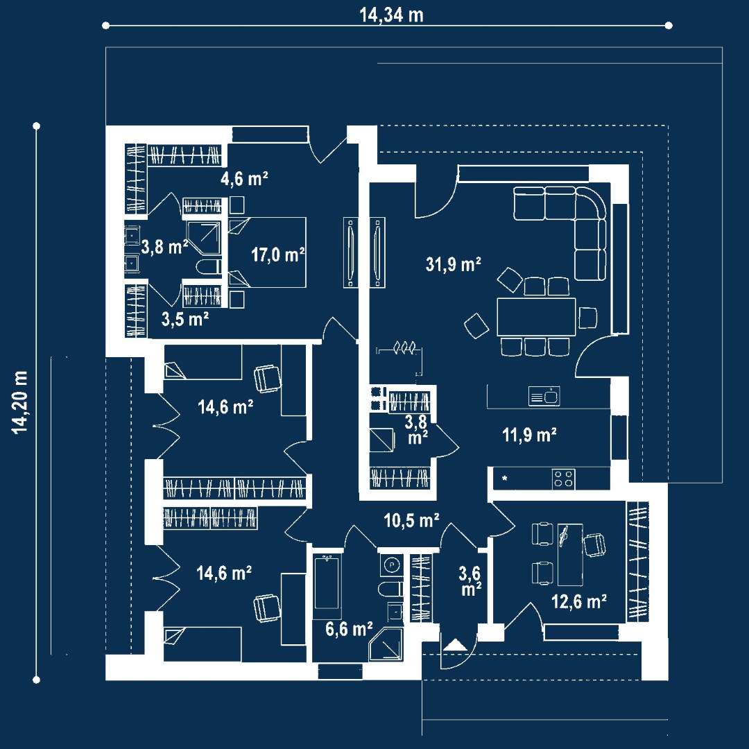 Plan parter Casă parter 135 mp utili, 3 dormitoare, 2 băi