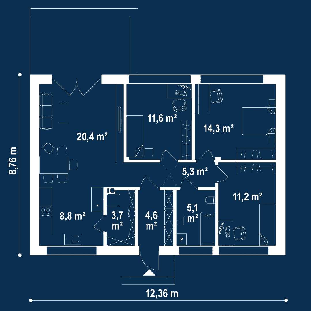Plan parter Casă parter 85 mp utili, 3 dormitoare, o baie