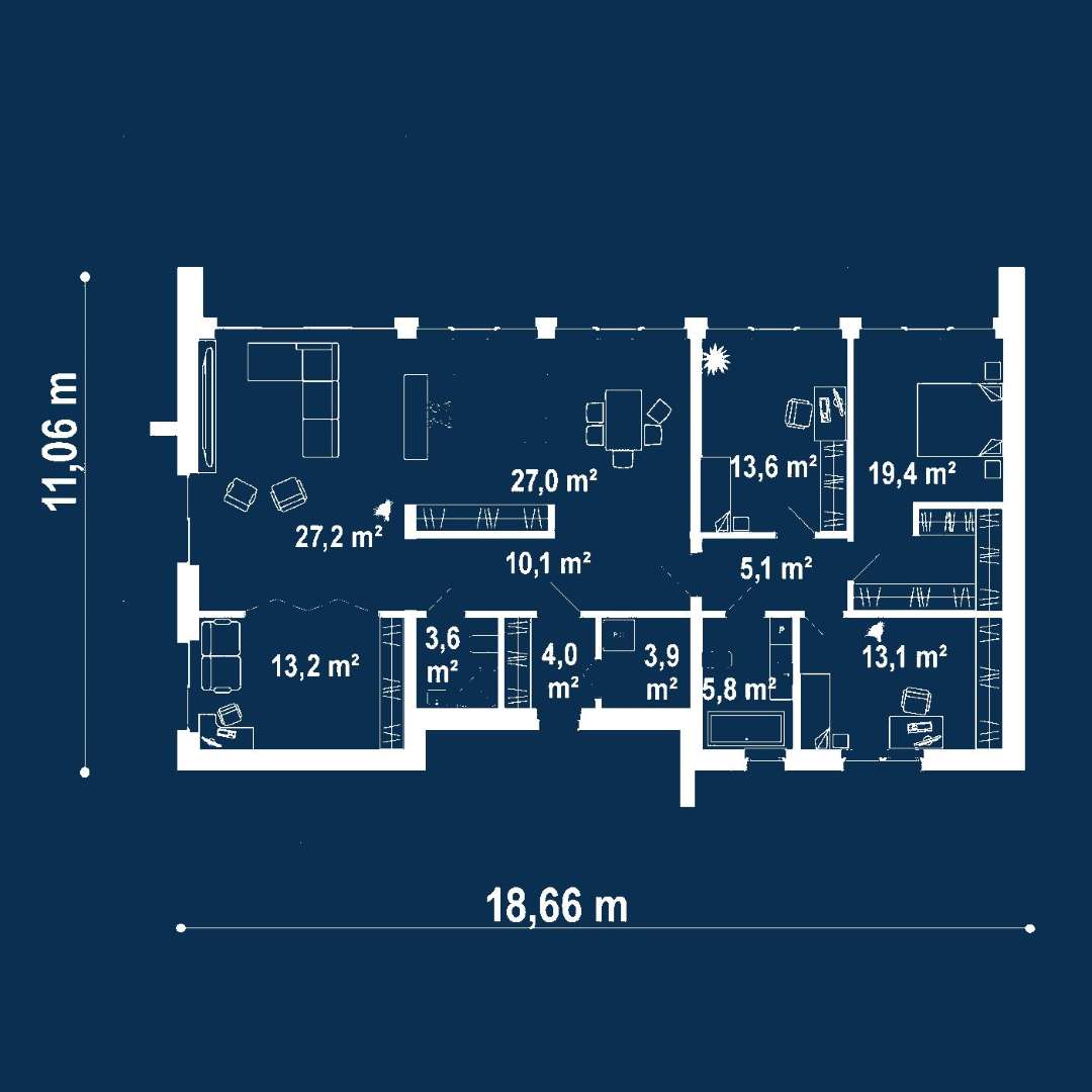 Plan parter Casă parter 142 mp utili, 2 dormitoare, 2 băi