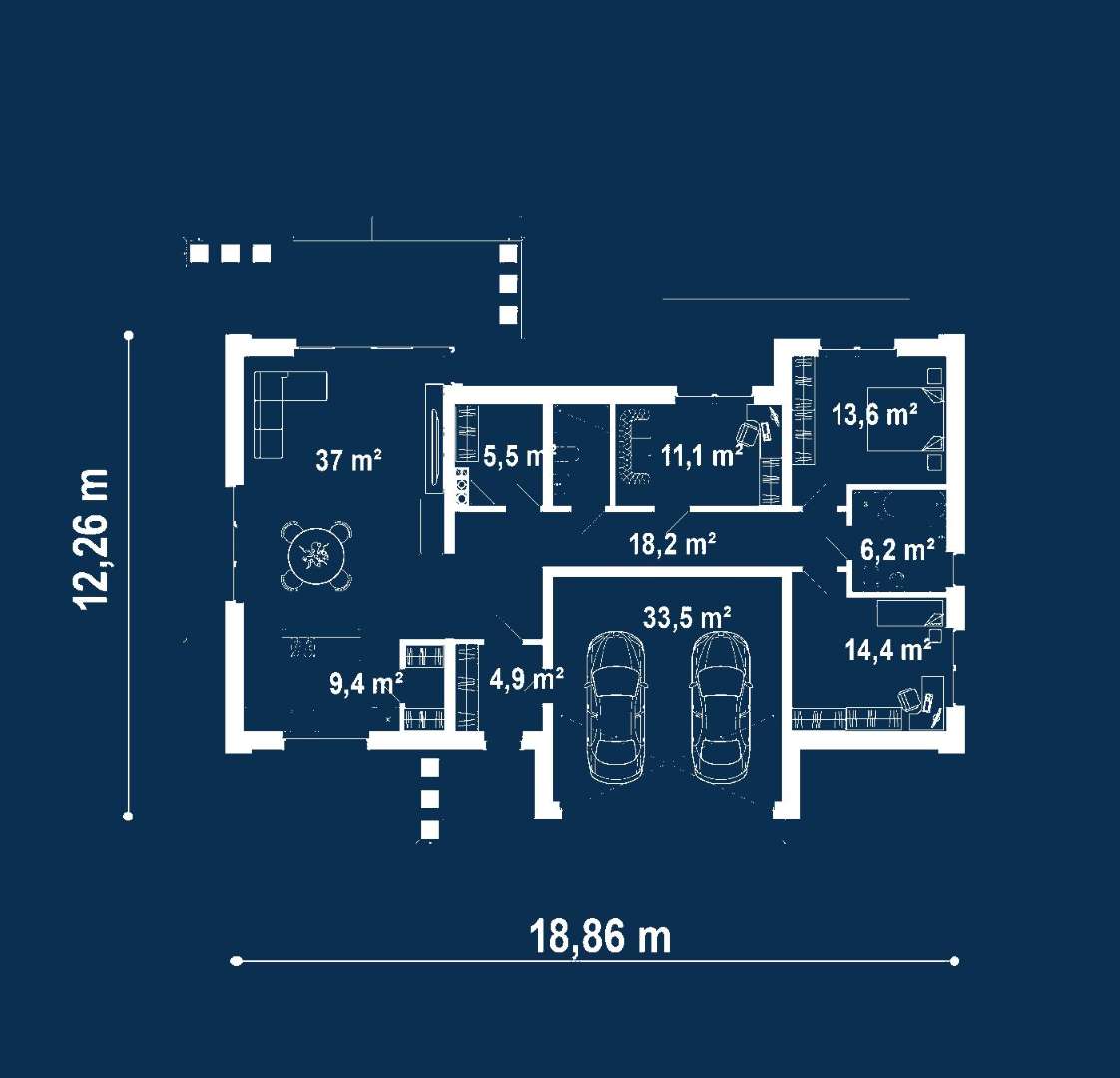 Plan parter Casă parter 121 mp utili, 2 dormitoare, 2 băi