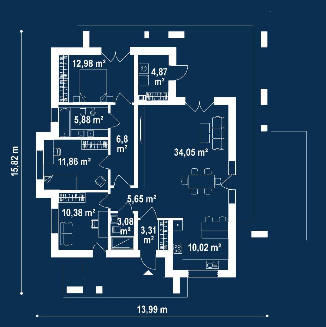 Plan parter Casă parter 104 mp utili, 3 dormitoare, 2 băi