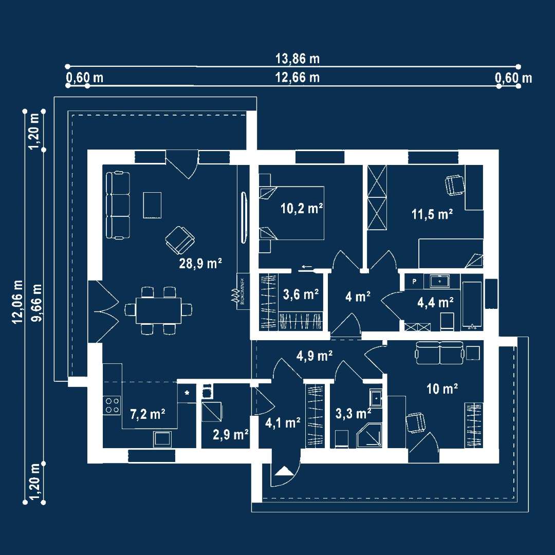 Plan parter Casă parter 92 mp utili, 3 dormitoare, 2 băi