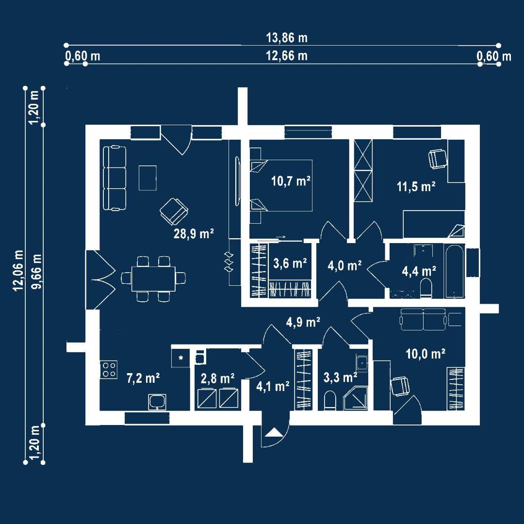Plan parter Casă parter 92 mp utili, 3 dormitoare, 2 băi