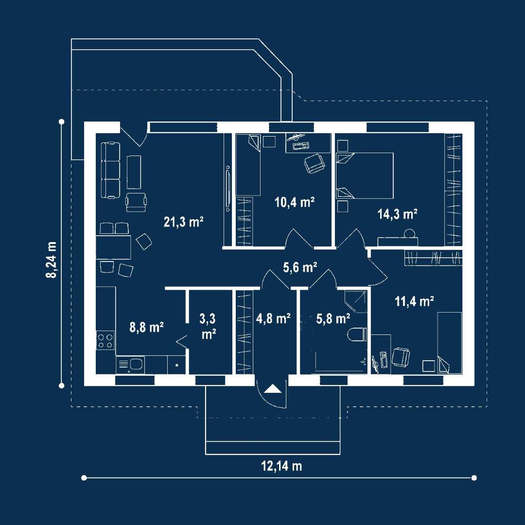 Plan parter Casă parter 82 mp utili, 3 dormitoare, o baie