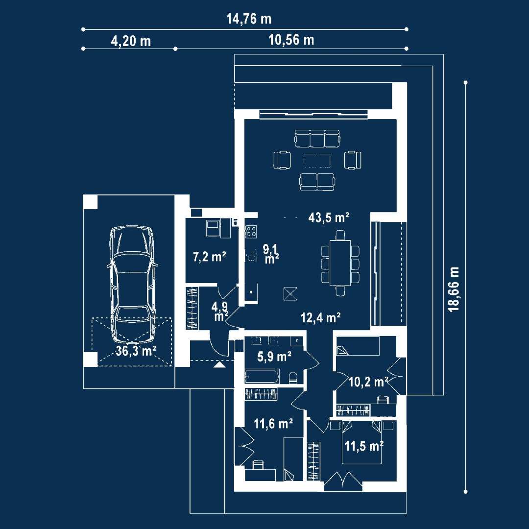 Plan parter Casă parter 109 mp utili, 3 dormitoare, o baie
