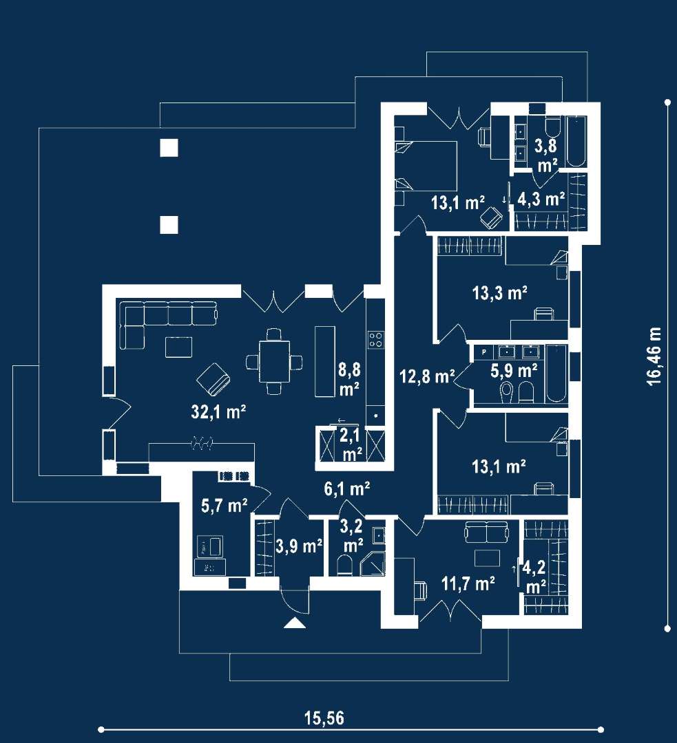 Plan parter Casă parter 138 mp utili, 3 dormitoare, 3 băi