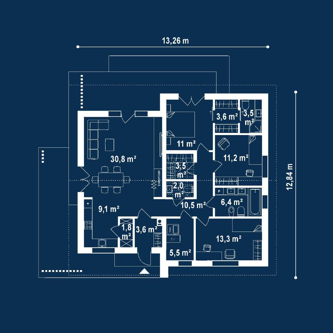 Plan parter Casă parter 110 mp utili, 3 dormitoare, 2 băi