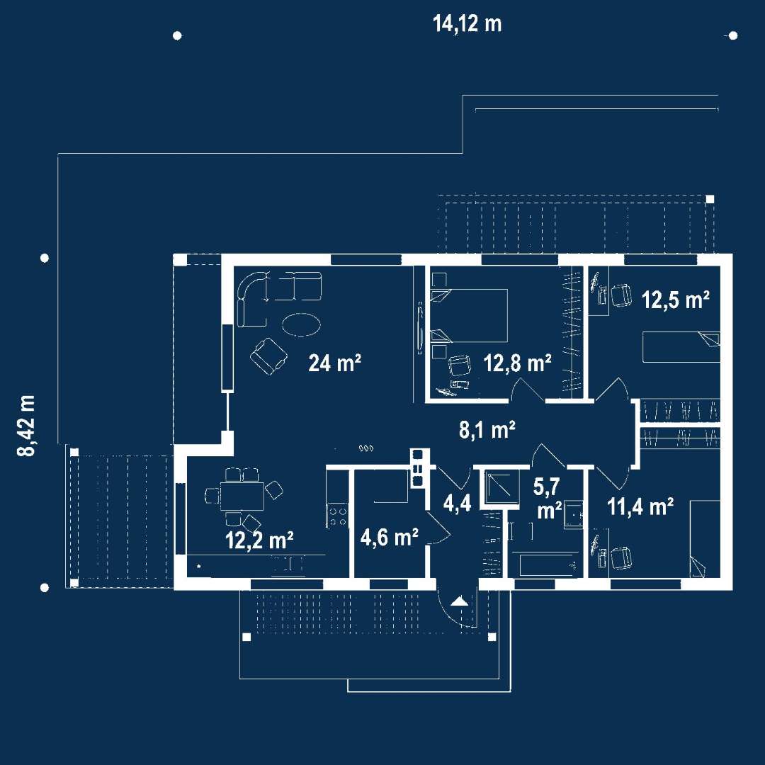 Plan parter Casă parter 91 mp utili, 3 dormitoare, o baie