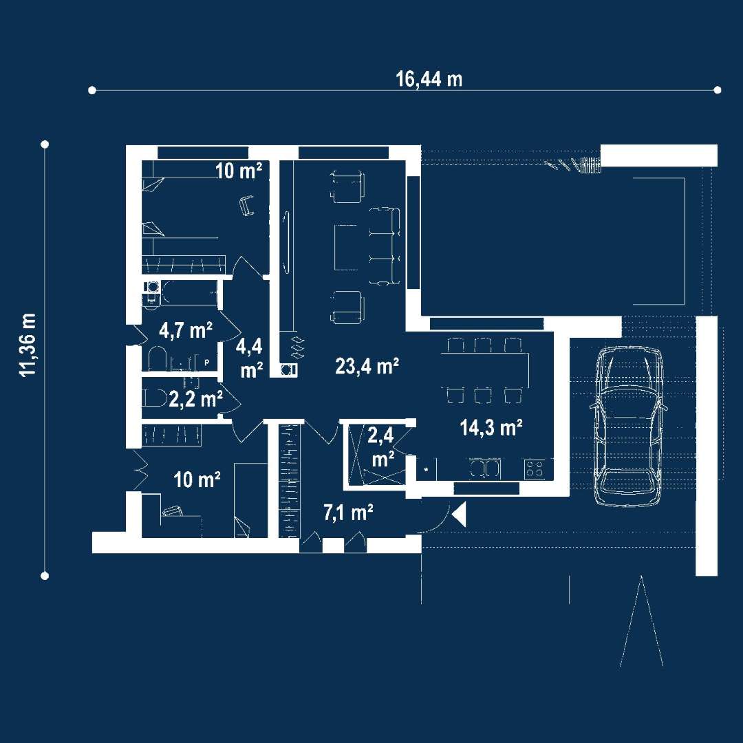Plan parter Casă parter 78 mp utili, 2 dormitoare, o baie