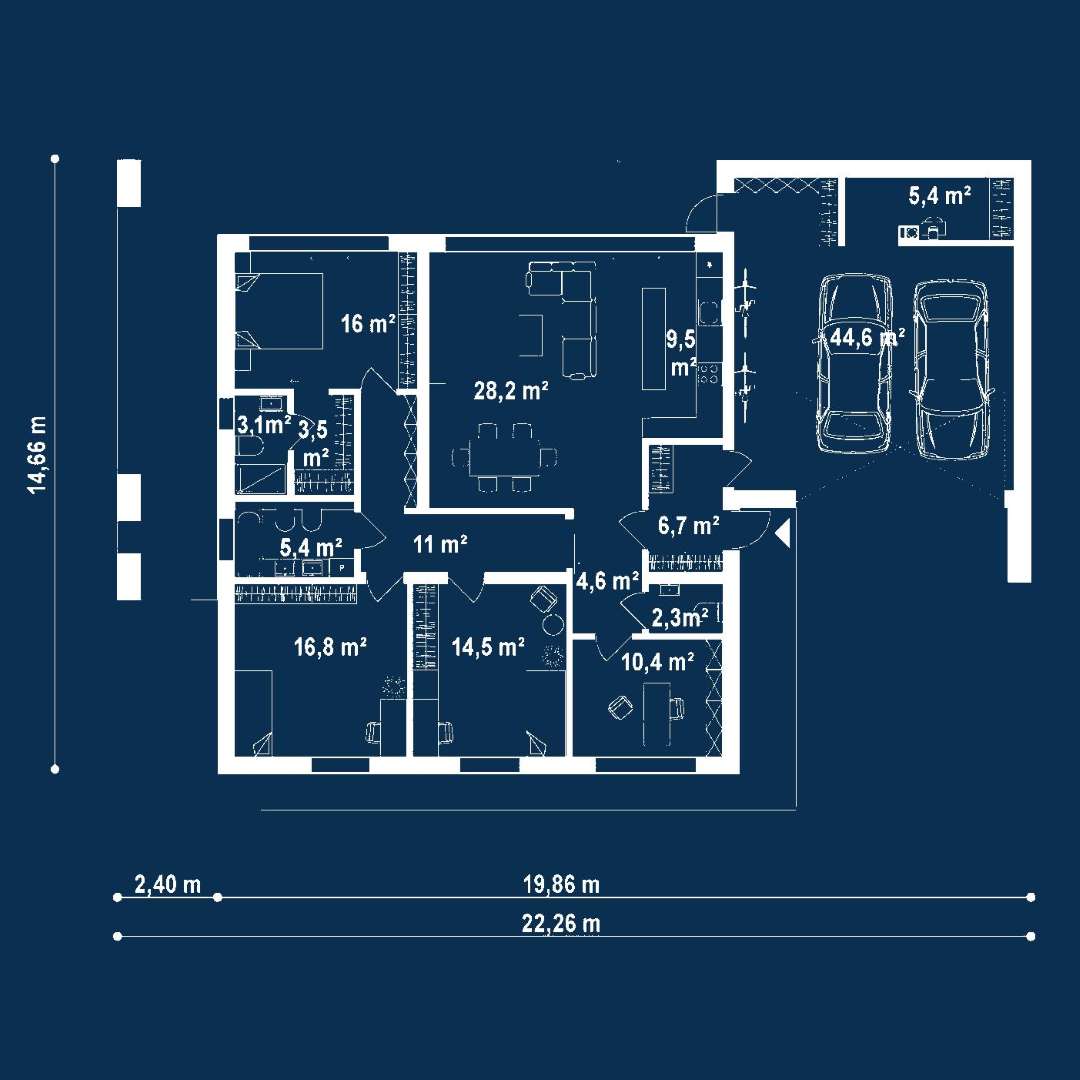 Plan parter Casă parter 131 mp utili, 3 dormitoare, 2 băi