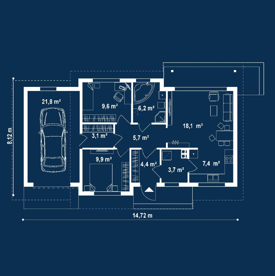 Plan parter Casă parter 64 mp utili, 2 dormitoare, o baie