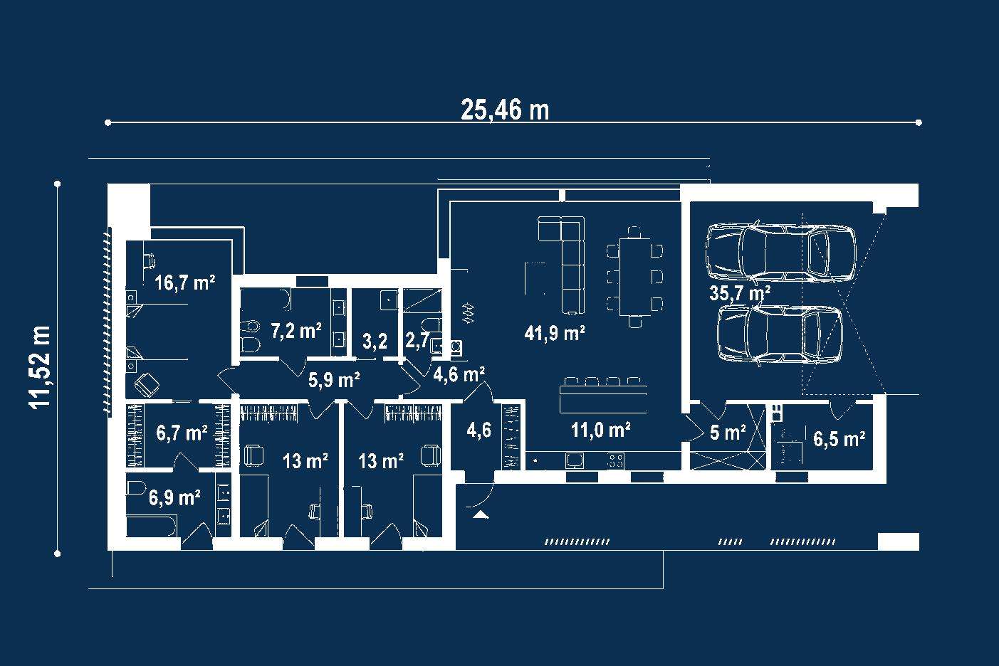 Plan parter Casă parter 142 mp utili, 3 dormitoare, 3 băi