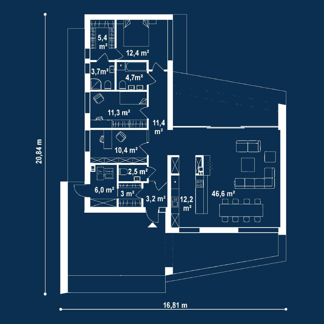 Plan parter Casă parter 127 mp utili, 2 dormitoare, 2 băi