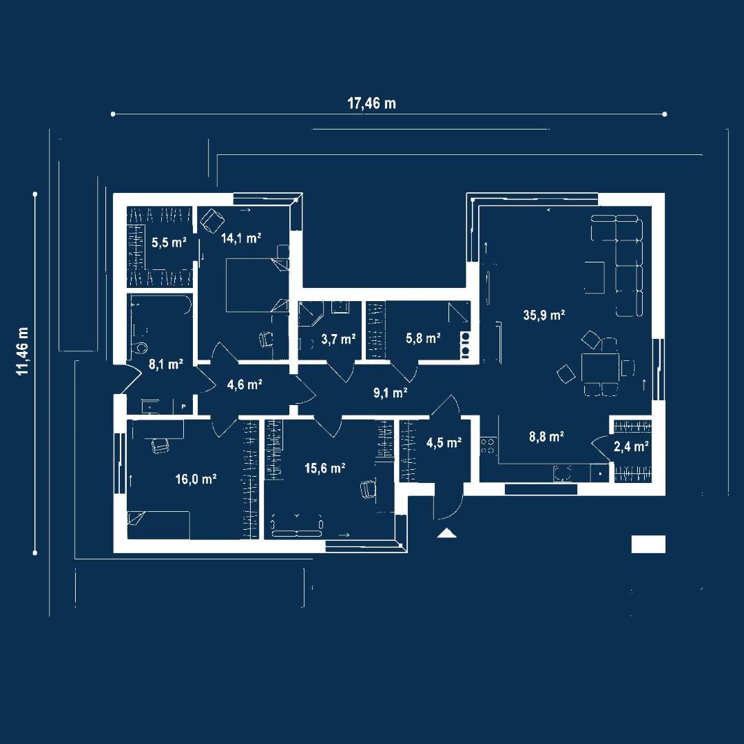 Plan parter Casă parter 128 mp utili, 2 dormitoare, 2 băi