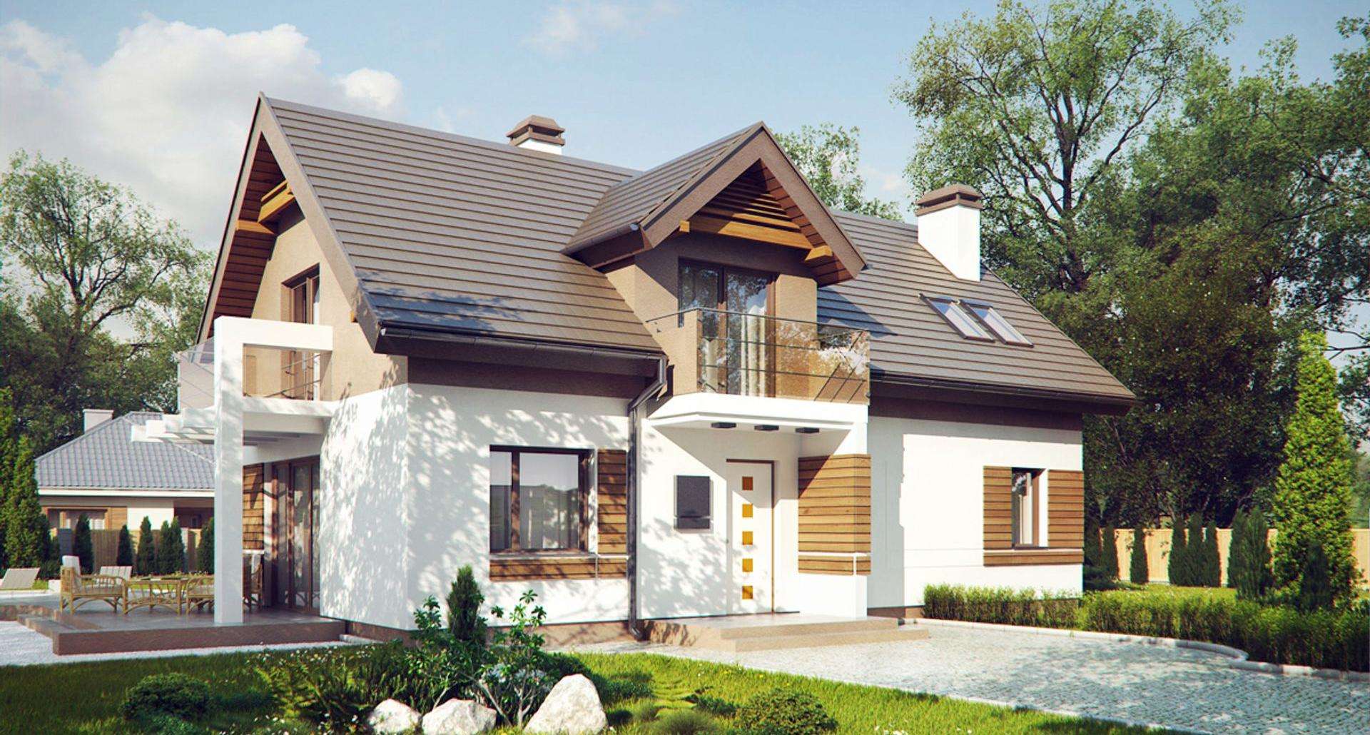 Fatada Casă cu mansardă 135 mp utili, un dormitor, 3 băi
