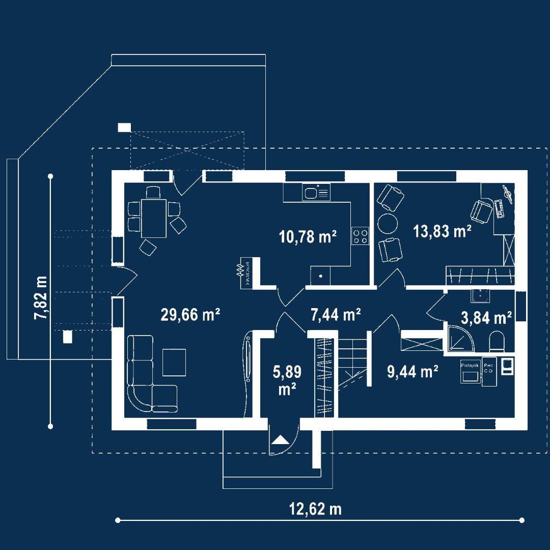 Plan parter Casă cu mansardă 135 mp utili, un dormitor, 3 băi