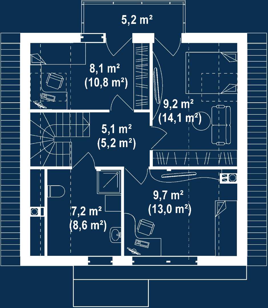 Plan mansardă Casă cu mansardă 96 mp utili, un dormitor, o baie