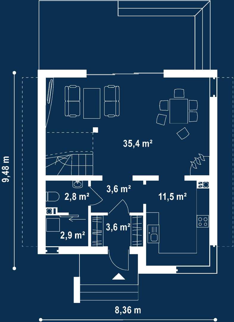 Plan parter Casă cu mansardă 96 mp utili, un dormitor, o baie