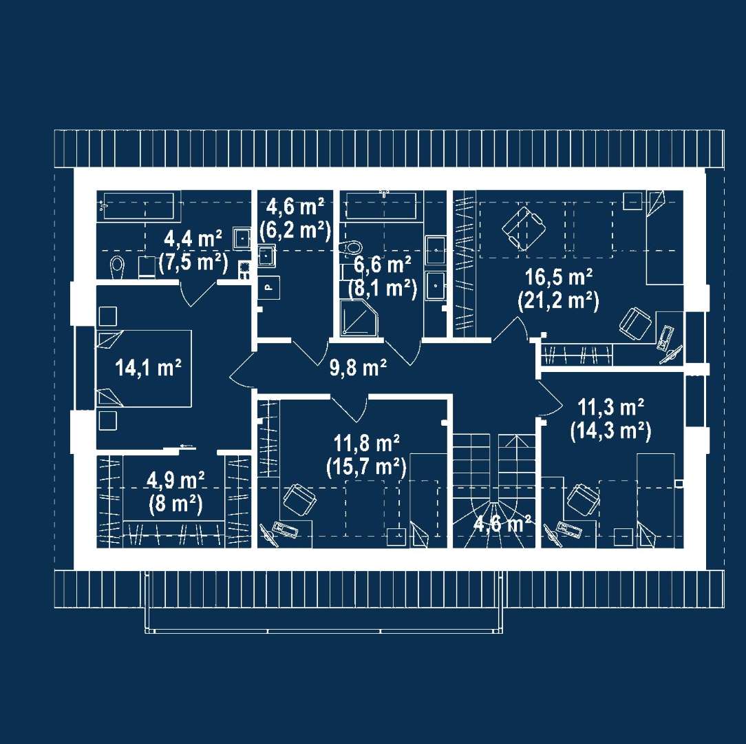 Plan mansardă Casă cu mansardă 148 mp utili, un dormitor, 3 băi