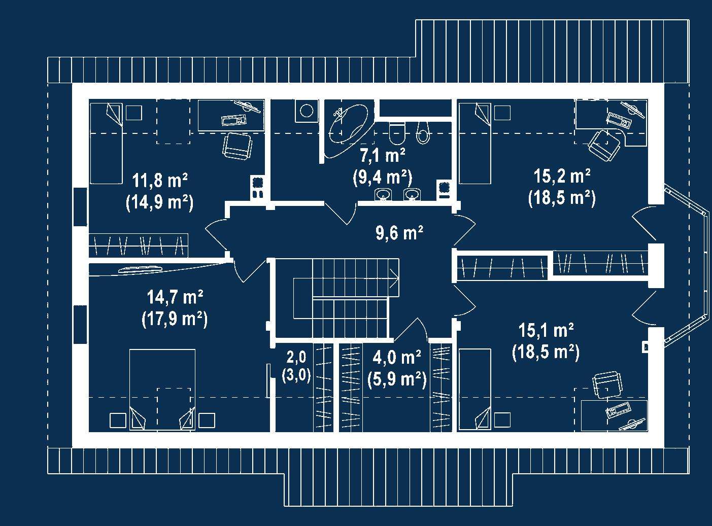 Plan mansardă Casă cu mansardă 151 mp utili, un dormitor, 2 băi