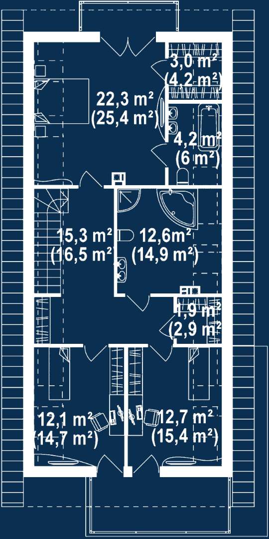 Plan mansardă Casă cu mansardă 157 mp utili, un dormitor, 2 băi
