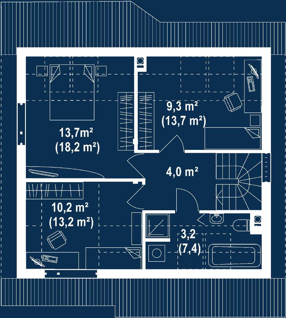 Plan mansardă Casă cu mansardă 95 mp utili, un dormitor, o baie