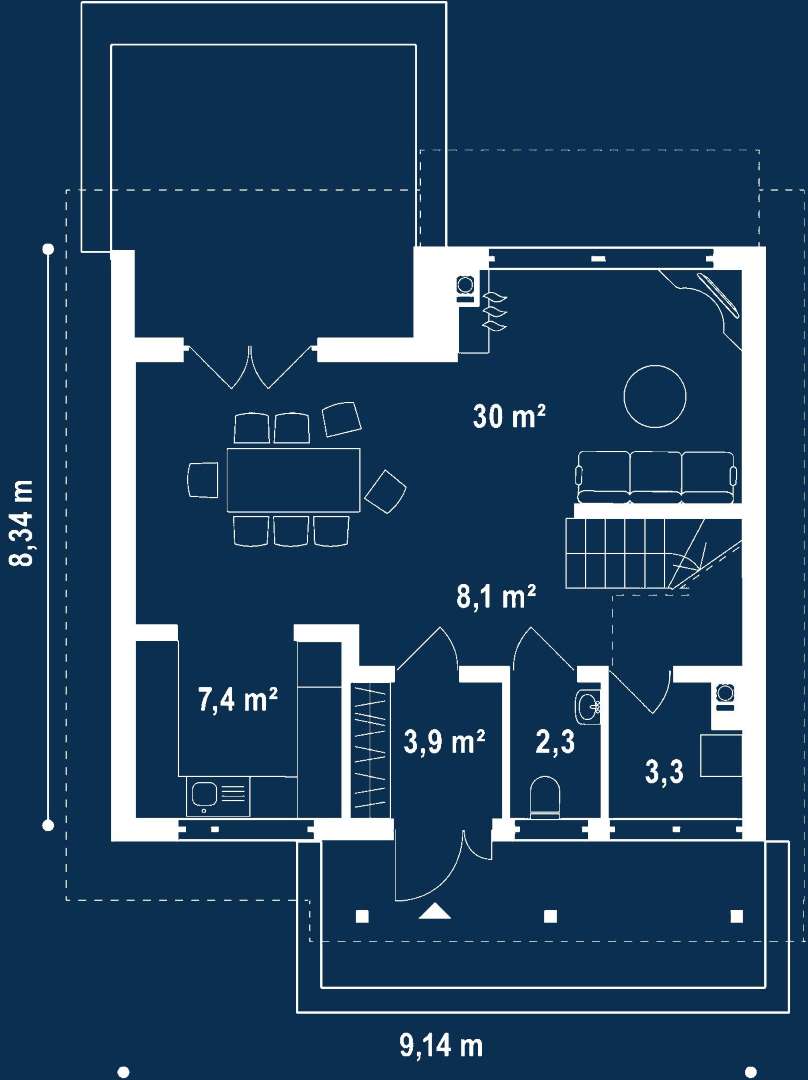 Plan parter Casă cu mansardă 95 mp utili, un dormitor, o baie
