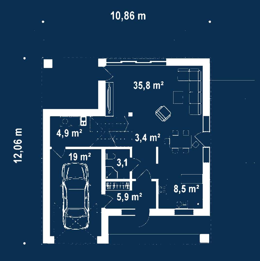 Plan parter Casă cu mansardă 122 mp utili, un dormitor, 2 băi