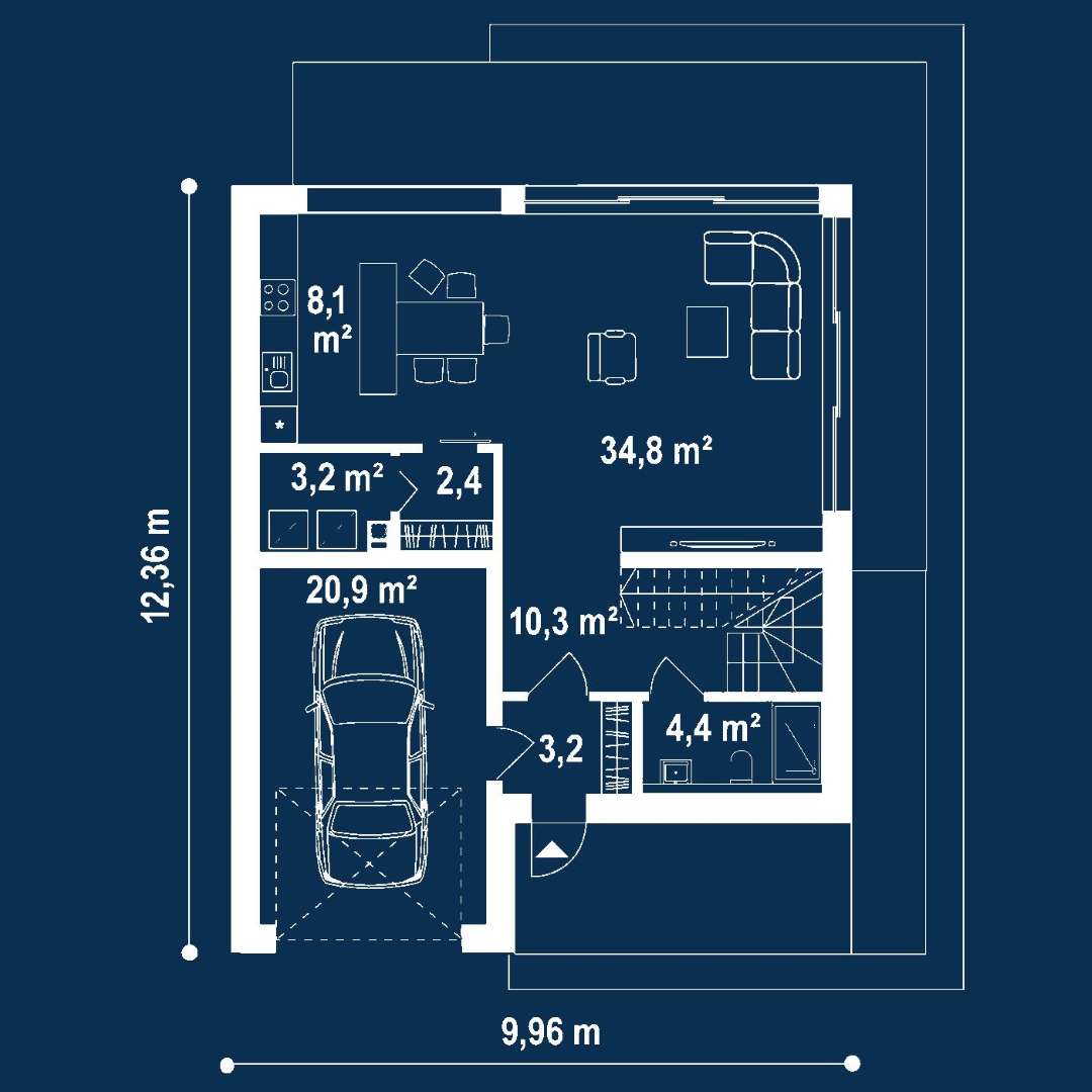 Plan parter Casă cu mansardă 136 mp utili, un dormitor, 3 băi