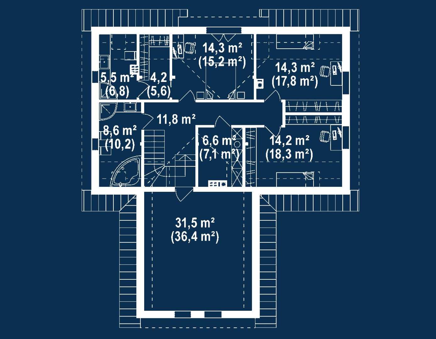 Plan mansardă Casă cu mansardă 159 mp utili, un dormitor, 3 băi