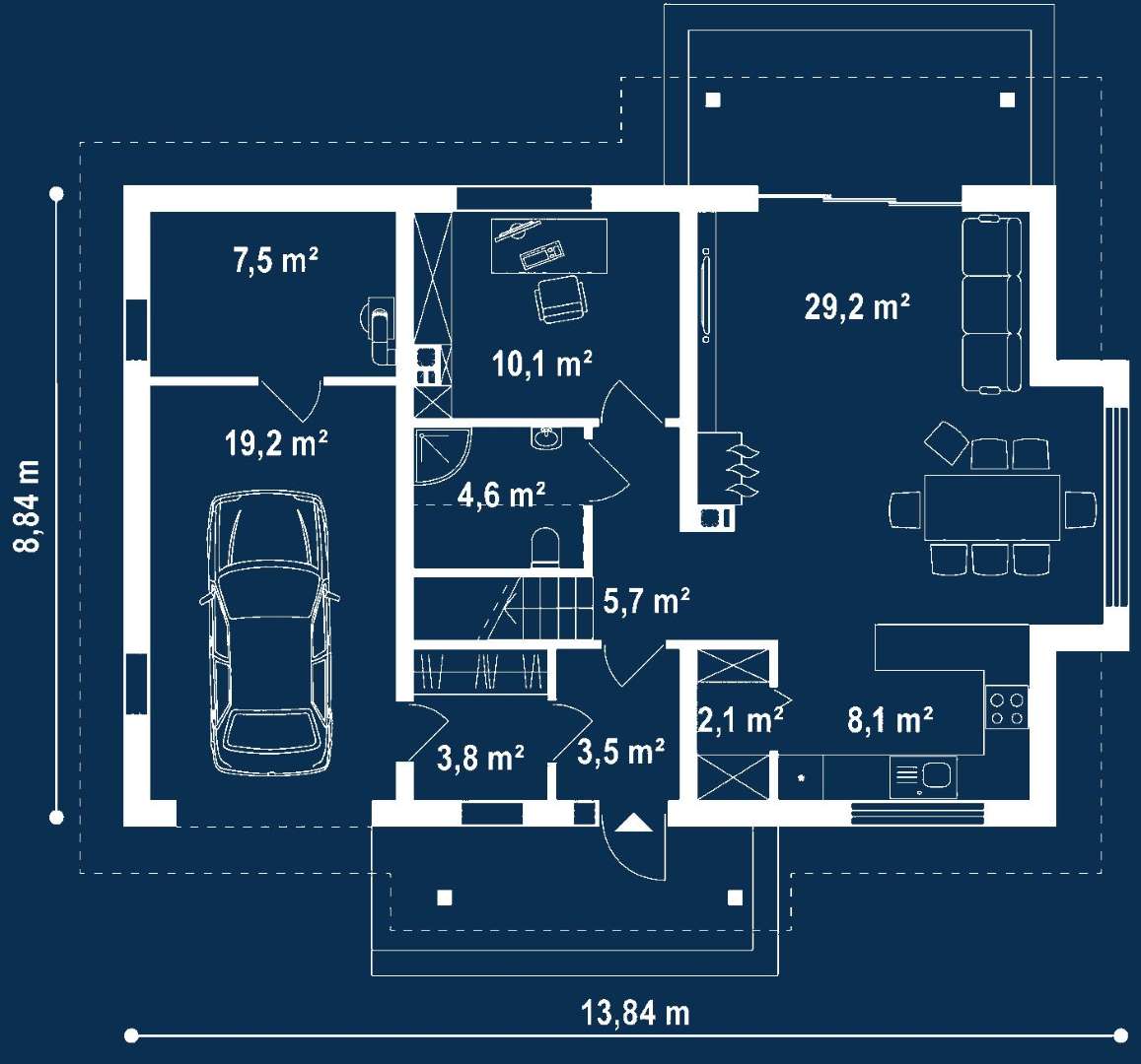 Plan parter Casă cu mansardă 133 mp utili, un dormitor, 3 băi