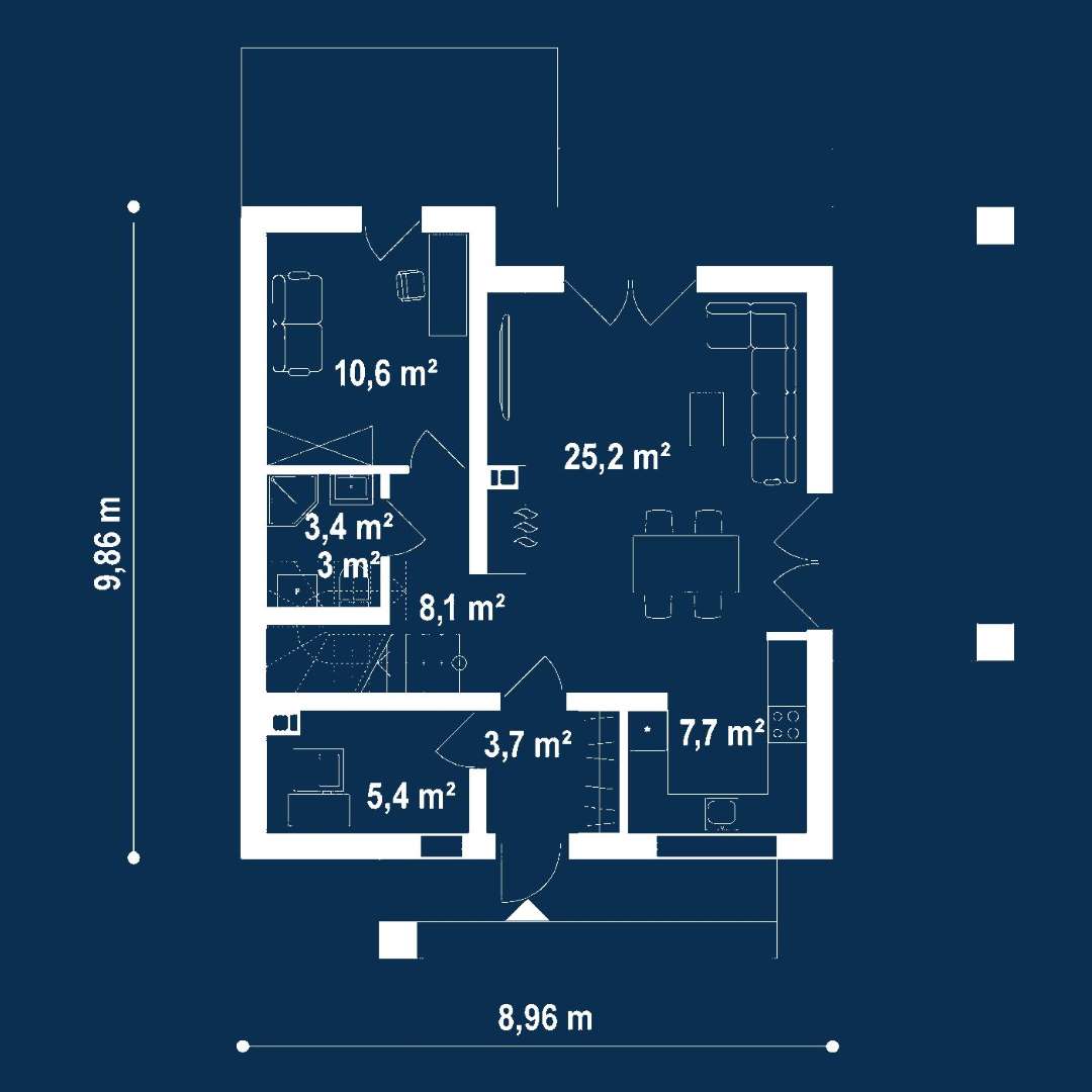 Plan parter Casă cu mansardă 95 mp utili, un dormitor, 2 băi