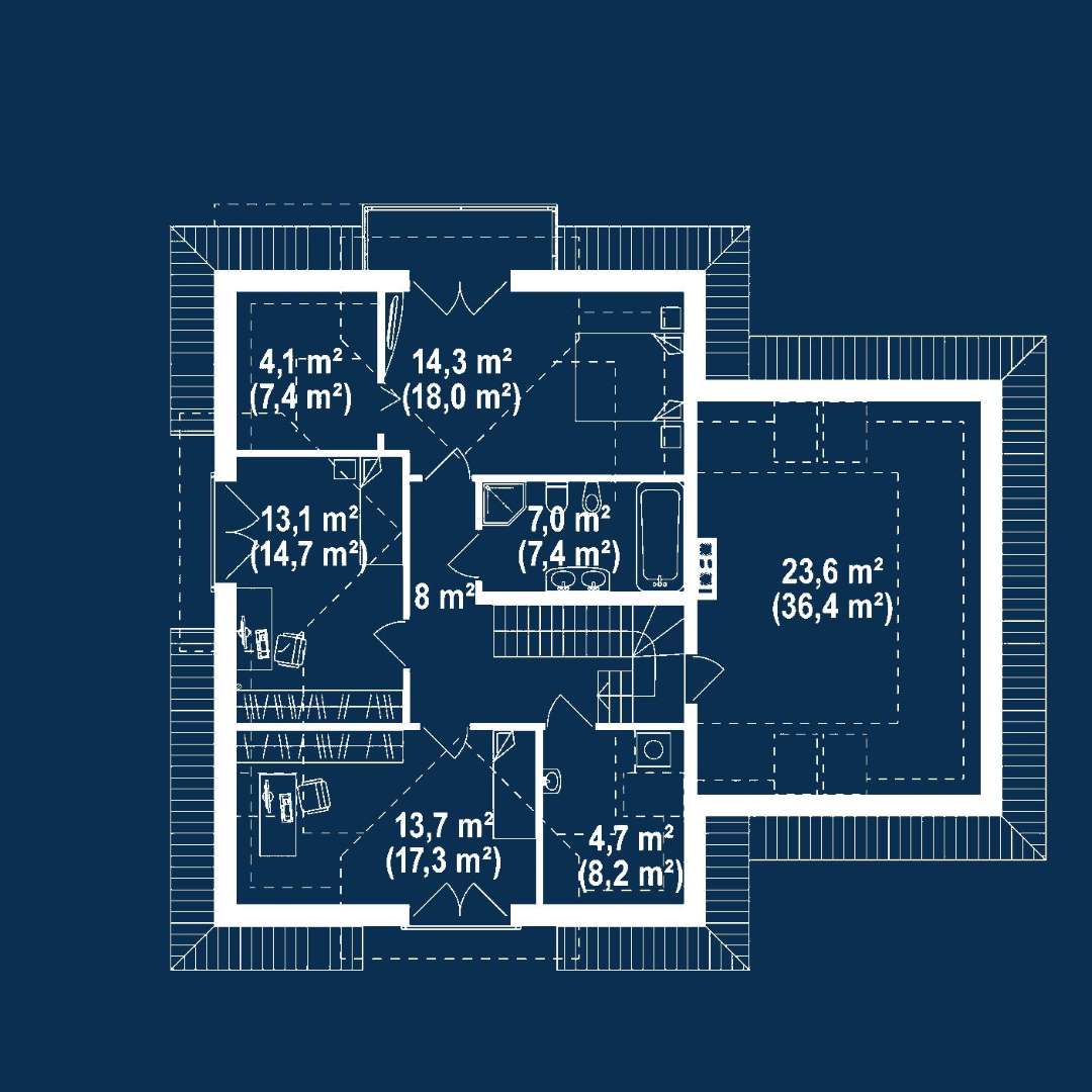 Plan mansardă Casă cu mansardă 142 mp utili, un dormitor, 2 băi