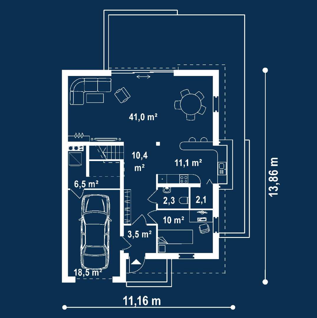 Plan parter Casă cu mansardă 162 mp utili, un dormitor, o baie