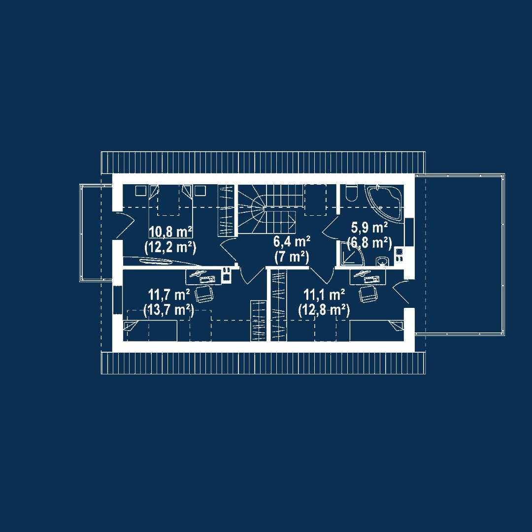 Plan mansardă Casă cu mansardă 92 mp utili, un dormitor, o baie
