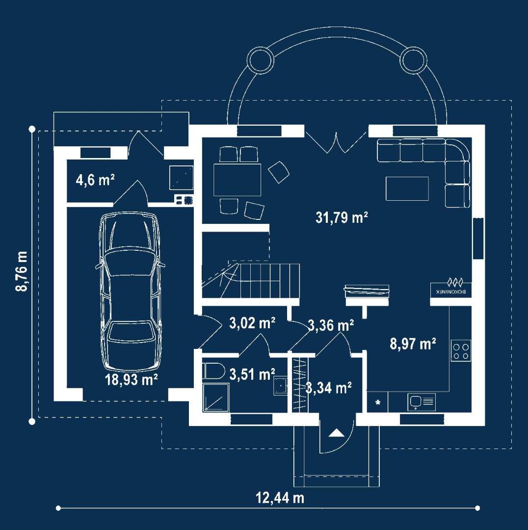Plan parter Casă cu mansardă 111 mp utili, un dormitor, 2 băi