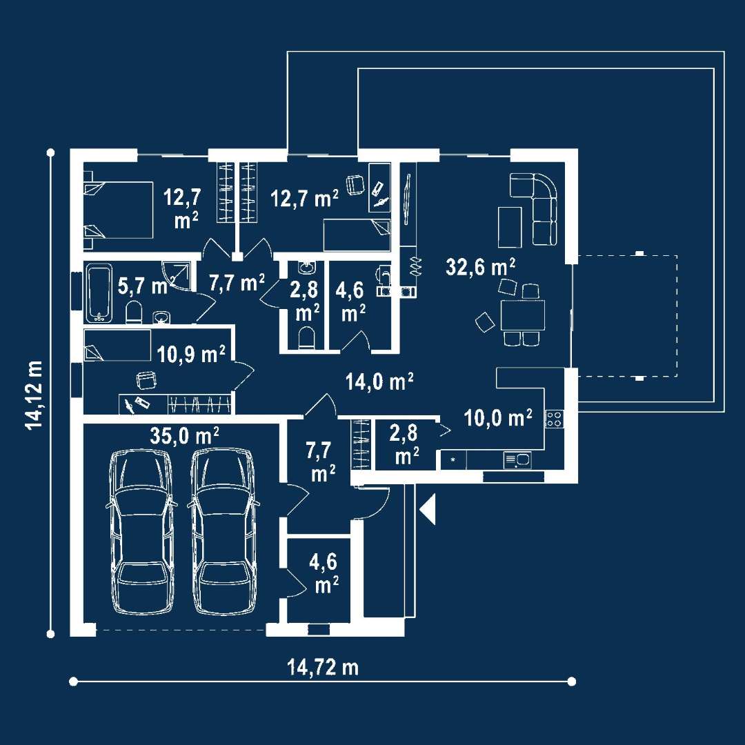 Plan parter Casă parter 111 mp utili, 3 dormitoare, o baie
