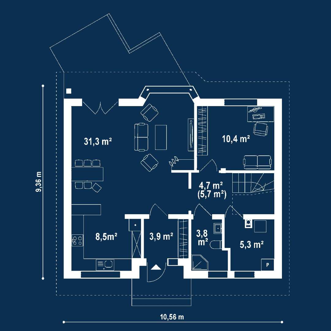 Plan parter Casă cu mansardă 107 mp utili, un dormitor, o baie